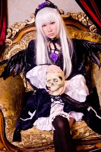 Rating: Safe Score: 0 Tags: 1girl black_legwear dress flower frills hairband lolita_fashion long_hair looking_at_viewer rose silver_hair sitting solo suigintou User: admin