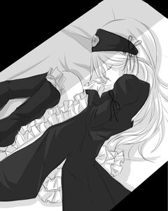Rating: Safe Score: 0 Tags: 1girl closed_eyes dress fetal_position frills greyscale hat image letterboxed long_hair long_sleeves lying monochrome on_side solo suigintou yagokoro_eirin User: admin