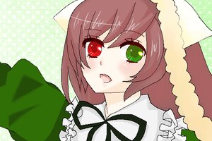 Rating: Safe Score: 0 Tags: 1girl blush brown_hair dress frills green_background green_eyes hat heterochromia image long_hair long_sleeves open_mouth red_eyes simple_background solo suiseiseki User: admin