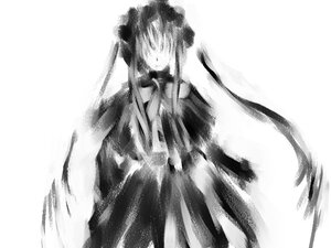 Rating: Safe Score: 0 Tags: 1girl dress greyscale image long_hair monochrome shinku simple_background solo white_background User: admin