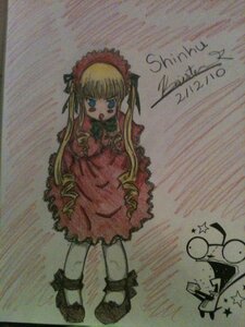 Rating: Safe Score: 0 Tags: 1girl black_footwear blonde_hair blue_eyes bonnet bow bowtie dress full_body image long_hair long_sleeves looking_at_viewer open_mouth photo red_dress shinku shoes solo standing traditional_media twintails User: admin