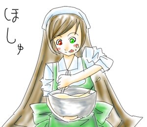 Rating: Safe Score: 0 Tags: 1girl apron bowl brown_hair food food_on_face green_eyes head_scarf heterochromia image long_hair long_sleeves red_eyes simple_background solo suiseiseki tongue tongue_out white_background User: admin