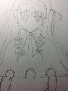 Rating: Safe Score: 0 Tags: 1girl bowtie image long_hair long_sleeves looking_at_viewer monochrome shinku simple_background solo twintails User: admin