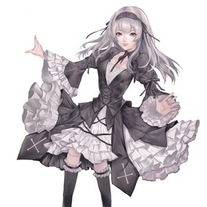 Rating: Safe Score: 0 Tags: 1girl black_legwear dress frilled_sleeves frills gothic_lolita hairband image lolita_fashion long_hair long_sleeves looking_at_viewer red_eyes ribbon silver_hair solo suigintou thighhighs white_background User: admin