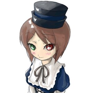 Rating: Safe Score: 0 Tags: 1girl bangs blush brown_hair closed_mouth dress green_eyes hat heterochromia image long_sleeves looking_at_viewer red_eyes ribbon short_hair simple_background solo souseiseki upper_body white_background User: admin