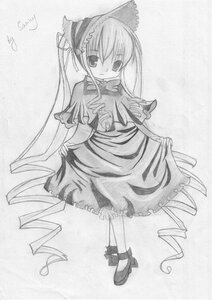 Rating: Safe Score: 0 Tags: 1girl bonnet bow bowtie dress drill_hair full_body greyscale image long_hair long_sleeves looking_at_viewer monochrome shinku shoes simple_background solo standing traditional_media twintails very_long_hair white_background User: admin