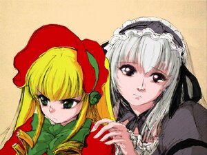 Rating: Safe Score: 0 Tags: 2girls blonde_hair blue_eyes bonnet bow drill_hair green_bow green_eyes green_neckwear hat image long_hair long_sleeves looking_at_viewer multiple_girls pair shinku silver_hair simple_background suigintou User: admin