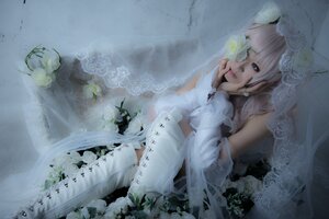 Rating: Safe Score: 0 Tags: 1girl blue_eyes bridal_veil dress flower hair_flower kirakishou lips lying solo veil wedding_dress white_rose User: admin