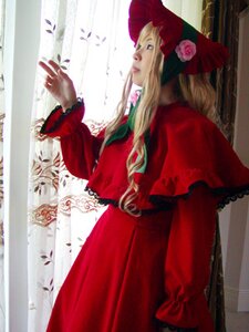 Rating: Safe Score: 0 Tags: 1girl blonde_hair blue_eyes bonnet bug butterfly curtains dress flower indoors insect long_hair long_sleeves profile red_dress rose shinku solo User: admin