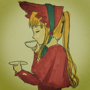 Rating: Safe Score: 0 Tags: 1girl blonde_hair bonnet closed_eyes cup from_side green_background holding_cup image long_hair long_sleeves ponytail profile saucer shinku sidelocks simple_background solo tea teacup upper_body User: admin