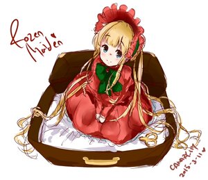 Rating: Safe Score: 0 Tags: 1girl blonde_hair blue_eyes blush bonnet bow cup dated dress image in_container long_hair long_sleeves looking_at_viewer shinku sitting solo teacup very_long_hair white_background User: admin