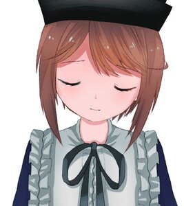 Rating: Safe Score: 0 Tags: 1girl apron bangs black_headwear blush brown_hair closed_eyes closed_mouth dress eyebrows_visible_through_hair facing_viewer frills hat image ribbon short_hair simple_background solo souseiseki striped upper_body white_apron white_background User: admin