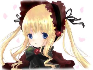 Rating: Safe Score: 0 Tags: 1girl blonde_hair blue_eyes blush bow bowtie flower image long_hair long_sleeves looking_at_viewer petals pink_rose rose shinku simple_background solo twintails white_background User: admin