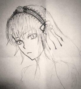 Rating: Safe Score: 0 Tags: 1girl auto_tagged bangs closed_mouth eyebrows_visible_through_hair flower greyscale hairband image looking_at_viewer monochrome ribbon rose sketch solo suigintou traditional_media User: admin