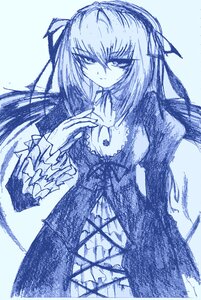 Rating: Safe Score: 0 Tags: 1girl blue_theme breasts choker dress frills hair_ribbon image long_hair long_sleeves looking_at_viewer monochrome ribbon smile solo suigintou traditional_media User: admin