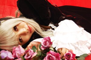 Rating: Safe Score: 0 Tags: 1girl bangs blonde_hair blurry depth_of_field flower lips looking_at_viewer pink_flower pink_rose realistic red_flower rose solo suigintou User: admin