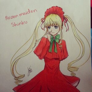 Rating: Safe Score: 0 Tags: 1girl blonde_hair blue_eyes bonnet bow bowtie capelet cowboy_shot dress drill_hair green_bow green_neckwear image long_hair long_sleeves looking_at_viewer marker_(medium) photo red_capelet red_dress shikishi shinku sidelocks signature simple_background solo traditional_media twintails User: admin