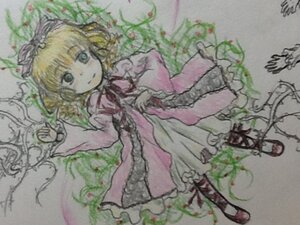 Rating: Safe Score: 0 Tags: 1girl blonde_hair bow cross-laced_footwear dress flower hair_bow hinaichigo image long_sleeves looking_at_viewer lying on_back pink_dress ribbon short_hair solo traditional_media User: admin