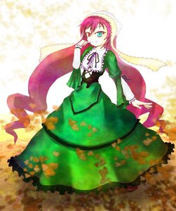 Rating: Safe Score: 0 Tags: 1girl dress frills full_body green_dress green_eyes head_scarf image long_hair long_sleeves looking_at_viewer one_eye_closed puffy_sleeves ribbon smile solo standing suiseiseki User: admin