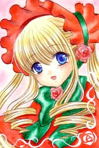 Rating: Safe Score: 0 Tags: 1girl blonde_hair blue_eyes blush bonnet bow bowtie dress drill_hair flower image long_hair long_sleeves looking_at_viewer marker_(medium) open_mouth pink_background pink_flower pink_rose rose shinku sidelocks solo traditional_media twin_drills twintails upper_body User: admin