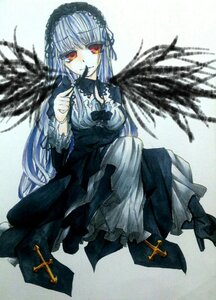 Rating: Safe Score: 0 Tags: 1girl black_wings boots cross dress frilled_sleeves frills hairband high_heels image long_hair long_sleeves looking_at_viewer red_eyes rose silver_hair sitting solo suigintou wings User: admin