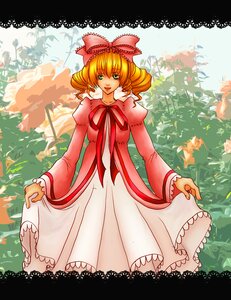 Rating: Safe Score: 0 Tags: 1girl blonde_hair bow dress drill_hair frills green_eyes hina_ichigo hinaichigo image letterboxed long_sleeves looking_at_viewer nature pink_bow puffy_sleeves skirt_hold smile solo standing tree User: admin