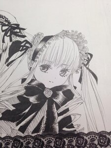 Rating: Safe Score: 0 Tags: 1girl dress flower greyscale image lace long_hair looking_at_viewer monochrome ribbon rose shinku simple_background solo suigintou traditional_media twintails upper_body User: admin