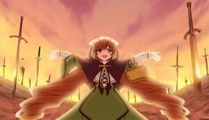 Rating: Safe Score: 0 Tags: 1girl :d brown_hair dress green_eyes heterochromia image open_mouth outdoors outstretched_arms sky smile solo suiseiseki sunset weapon User: admin
