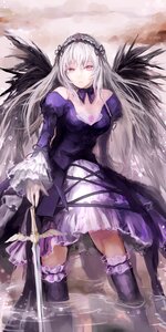 Rating: Safe Score: 0 Tags: 1girl black_wings breasts commentary_request detached_collar dress flower frills gathers hairband highres image long_hair long_sleeves looking_at_viewer medium_breasts nekomichi purple_dress red_eyes rozen_maiden silver_hair solo suigintou sword thighhighs wading water weapon white_hair wings User: admin