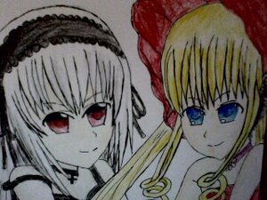 Rating: Safe Score: 0 Tags: 2girls blonde_hair blue_eyes choker closed_mouth hairband image long_hair looking_at_viewer multiple_girls pair red_eyes shinku simple_background smile suigintou User: admin