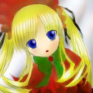 Rating: Safe Score: 0 Tags: 1girl :o blonde_hair blue_eyes blush bonnet bow bowtie dress green_bow hat image long_hair long_sleeves looking_at_viewer open_mouth shinku sidelocks simple_background solo twintails upper_body User: admin