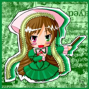 Rating: Safe Score: 0 Tags: 1girl :d blush_stickers brown_hair chibi dress frills green_dress image long_hair long_sleeves open_mouth smile solo suiseiseki very_long_hair User: admin