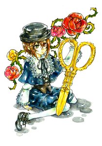 Rating: Safe Score: 0 Tags: 1girl apple brown_hair dress flower food fruit green_eyes hat image long_sleeves pantyhose ribbon shoes short_hair solo souseiseki traditional_media white_legwear User: admin