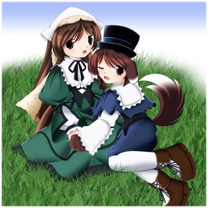 Rating: Safe Score: 0 Tags: 2girls boots brown_hair dress grass green_dress hat heterochromia image long_hair long_sleeves multiple_girls one_eye_closed open_mouth outdoors pair pantyhose red_eyes short_hair siblings sisters souseiseki suiseiseki top_hat twins User: admin