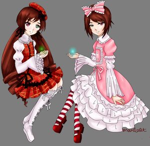 Rating: Safe Score: 0 Tags: auto_tagged boots bow brown_hair dress frills full_body green_eyes hat heterochromia image long_hair multiple_girls pair pantyhose pink_bow red_eyes ribbon short_hair siblings sisters souseiseki striped striped_legwear suiseiseki twins User: admin