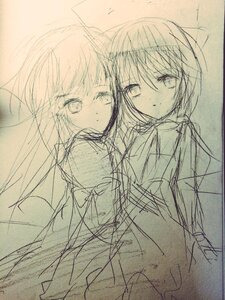 Rating: Safe Score: 0 Tags: 2girls bow houraisan_kaguya image long_hair long_sleeves looking_at_viewer monochrome multiple_girls pair sketch souseiseki suiseiseki traditional_media User: admin