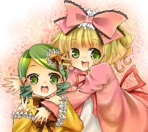 Rating: Safe Score: 0 Tags: 2girls blonde_hair bow dress green_eyes green_hair hair_bow hina_ichigo hinaichigo image kanaria long_sleeves multiple_girls musical_note open_mouth pair pink_bow short_hair smile User: admin