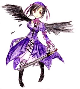 Rating: Safe Score: 0 Tags: 1girl boots dress feathers full_body image long_hair long_sleeves purple_dress purple_skirt red_eyes solo standing suigintou thighhighs white_background wings User: admin