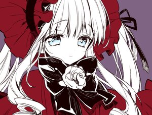 Rating: Safe Score: 0 Tags: 1girl bad_id bad_pixiv_id bangs blue_eyes blush bonnet bow closed_mouth dress drill_hair eyebrows_visible_through_hair flower grey_background hair_between_eyes hat image long_hair looking_at_viewer monochrome rose rozen_maiden sakiyo_cake shinku simple_background smile solo twintails upper_body very_long_hair white_background white_flower User: admin