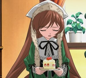 Rating: Safe Score: 0 Tags: 1girl blush brown_hair cake closed_eyes dress food green_dress holding image long_hair long_sleeves plate ribbon solo suiseiseki very_long_hair User: admin