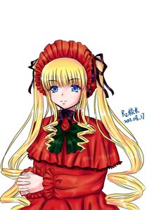 Rating: Safe Score: 0 Tags: 1girl blonde_hair blue_eyes bonnet bow bowtie capelet dated dress drill_hair flower green_bow green_neckwear image long_hair long_sleeves looking_at_viewer red_capelet red_dress rose shinku sidelocks simple_background solo twin_drills twintails white_background User: admin