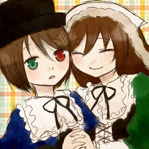 Rating: Safe Score: 0 Tags: 2girls brown_hair checkered_background closed_eyes dress frills green_dress green_eyes hat head_scarf heterochromia holding_hands image long_hair long_sleeves multiple_girls pair plaid_background red_eyes ribbon short_hair siblings sisters smile souseiseki suiseiseki twins User: admin