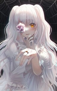 Rating: Safe Score: 0 Tags: 1girl bangs dress eyepatch flower frills long_hair long_sleeves looking_at_viewer ring rose smile solo tagme thorns upper_body very_long_hair white_dress white_hair yellow_eyes User: Anonymous