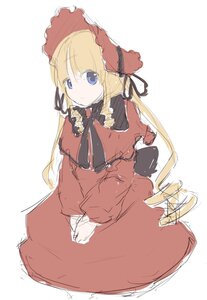 Rating: Safe Score: 0 Tags: 1girl blonde_hair blue_eyes bonnet bow dress image long_hair long_sleeves looking_at_viewer red_dress ribbon shinku simple_background sitting sketch solo white_background User: admin