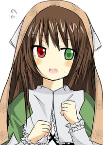 Rating: Safe Score: 0 Tags: 1girl blush brown_hair dress fang flying_sweatdrops green_dress green_eyes head_scarf heterochromia image long_hair long_sleeves open_mouth red_eyes solo suiseiseki sweatdrop upper_body white_background User: admin