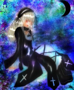 Rating: Safe Score: 0 Tags: 1girl black_dress cross dress flower frills hairband image long_hair long_sleeves looking_at_viewer moon red_eyes sitting solo suigintou water wings User: admin