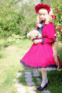 Rating: Safe Score: 0 Tags: 1girl blonde_hair blue_eyes bonnet bow dress flower hat long_hair mary_janes outdoors pink_dress red_dress rose shinku shoes solo User: admin