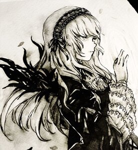 Rating: Safe Score: 0 Tags: 1girl closed_mouth dress frilled_sleeves frills from_side greyscale hairband image lolita_hairband long_hair long_sleeves monochrome petals profile solo suigintou traditional_media upper_body User: admin