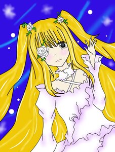 Rating: Safe Score: 0 Tags: 1girl blonde_hair blush dress eyepatch flower hair_flower hair_ornament image kirakishou long_hair rose solo very_long_hair white_flower white_rose yellow_rose User: admin