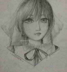 Rating: Safe Score: 0 Tags: 1girl artist_name bangs closed_mouth greyscale image lips looking_at_viewer monochrome photo realistic ribbon short_hair solo suiseiseki traditional_media twitter_username User: admin